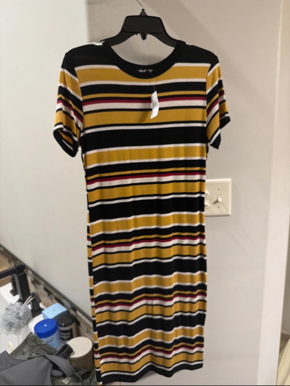 Absolutely Striped Short-Sleeve Midi Dress in Mustard, Black, White & Burgundy